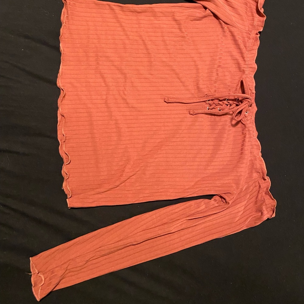 a burgundy/orange off the shoulder top crop top